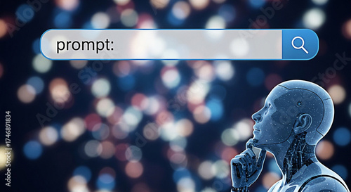 Ai robot contemplates prompt in search bar with bokeh lights background for artificial intelligence and machine learning concepts and future technology