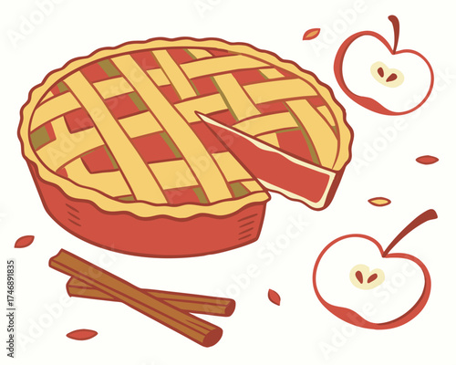 Apple pie with cinnamon sticks, autumn dessert element, silhouette vector illustration