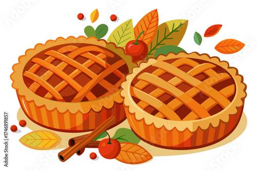 Apple pie with cinnamon sticks, autumn dessert element, vector illustration isolated on white background