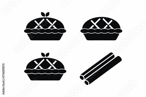set of Apple pie with cinnamon sticks icon, autumn dessert element, silhouette vector illustration