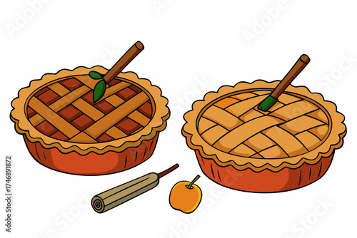 Apple pie with cinnamon sticks, autumn dessert element, vector illustration isolated on white background