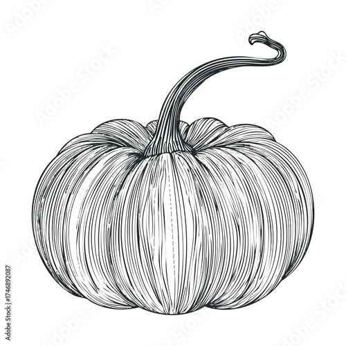 Detailed sketch of a pumpkin for autumn decorations or designs. Vector hand drawn illustration