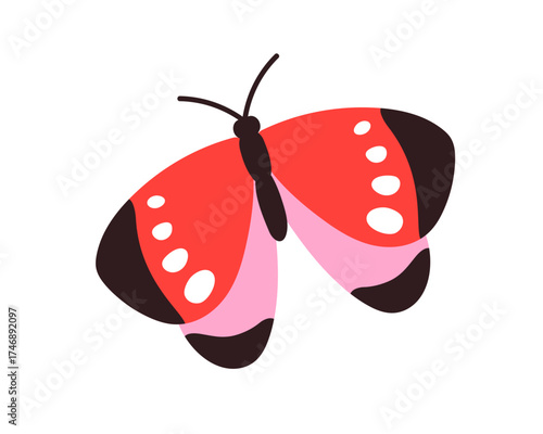 Butterfly flying. Abstract summer moth flies, soaring in air. Tropical exotic insect with spots on wings, antennae. Lepidopera, nature. Flat vector illustration isolated on white background.