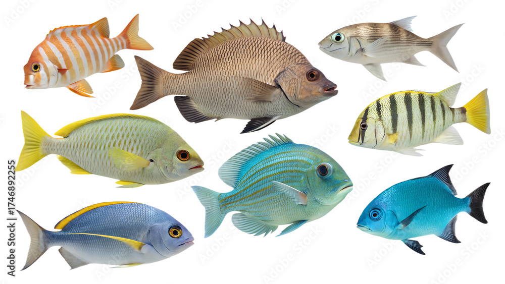 Fototapeta premium Realistic Sea Fish PNG Set – Ultra-Detailed Isolated Marine Fish on Transparent Background