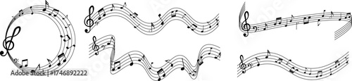 Set of black musical notes and staves with treble clefs in circular and wavy forms. Vector illustration for music, concert, and artistic design projects