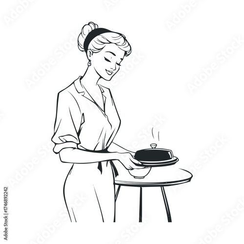 Vintage cooking scene with a smiling woman serving a dish. Vector hand drawn illustration