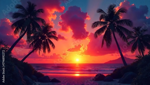 Breathtaking Exotic Sunset Palm Trees Silhouetted Against Vibrant Hues