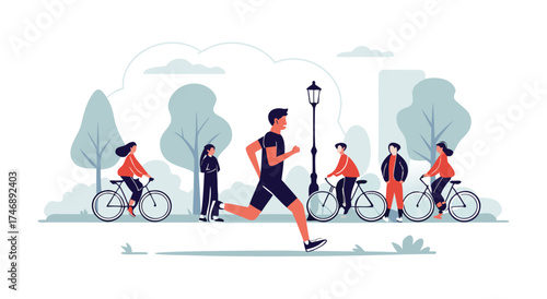 People enjoying various outdoor activities in a city park.
