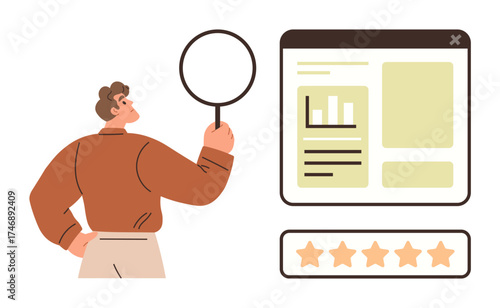 Business professional holding magnifying glass, evaluating website analytics and quality rating. Ideal for research, performance, user feedback, analytics, quality, marketing, business management