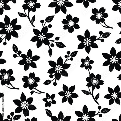 Seamless floral pattern with bright summer flowers, leaves, and butterfly vector illustration design