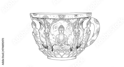 Intricate cup design featuring Buddha statues and lotus flower details