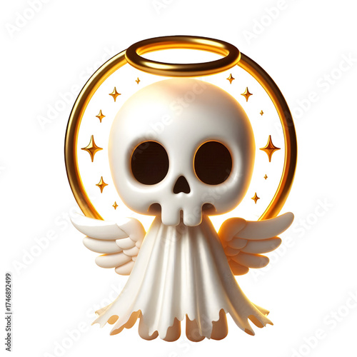 Cute 3d skeleton wearing ghost cloak surrounded by a golden halo isolated on white background