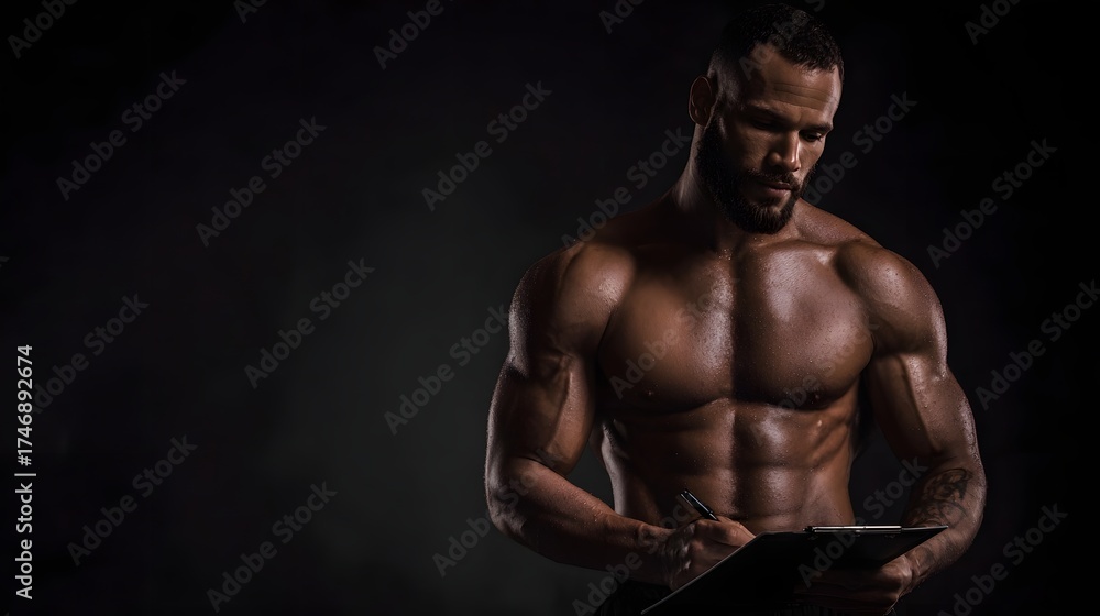 Fototapeta premium Muscular man with beard holding a clipboard and pen in a dark studio with dramatic lighting