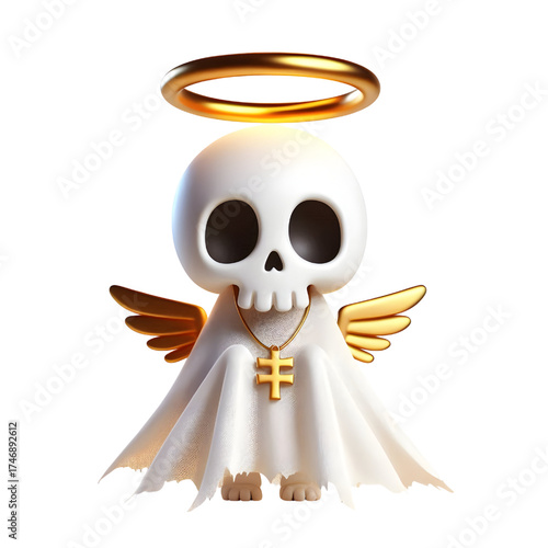 Cute 3d skeleton wearing ghost cloak surrounded by a golden halo isolated on white background