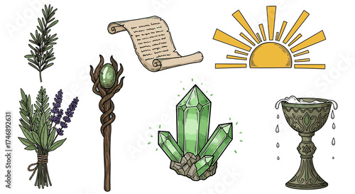 Illustration of magic items, including herbs, crystals, and a chalice