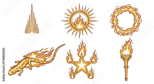 Six fiery magical icons on a clean white background