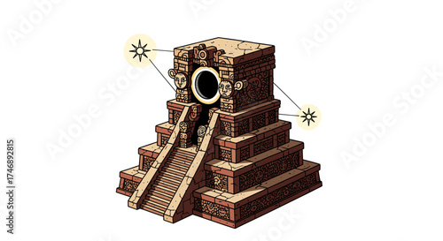 Ancient Aztec Pyramid Portal Illustration with Stars, Isolated on White