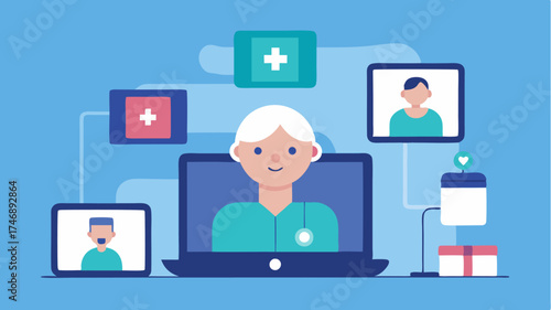 A home healthcare setup where a nurse monitors a patient remotely through connected devices with notifications displayed on a tablet.