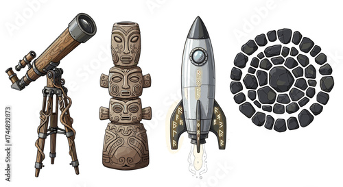 Whimsical Cartoon Still Life: Exploration of Ancient Relics and Space