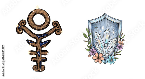 Mystical Symbols: Woodcut Helm and Geometric Talisman with Floral Adornments