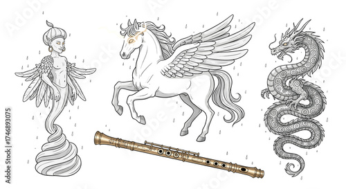 Enchanted Creatures with Musical Instrument in a Fantasy Setting on White