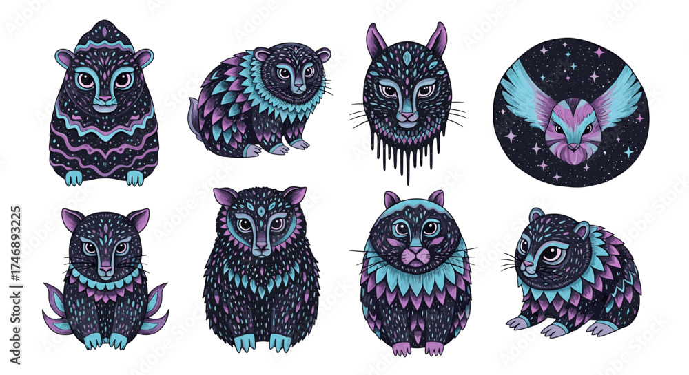 Naklejka premium Mystical Animal Illustrations with Whimsical Design Elements and Vibrant Color Palette