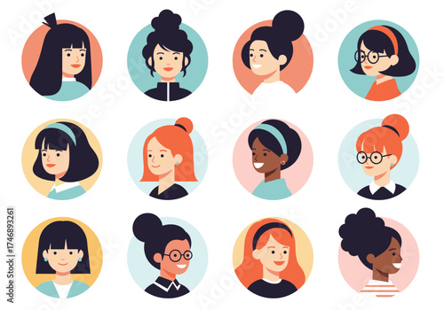 A diverse collection of female avatars showcasing various hairstyles and skin tones