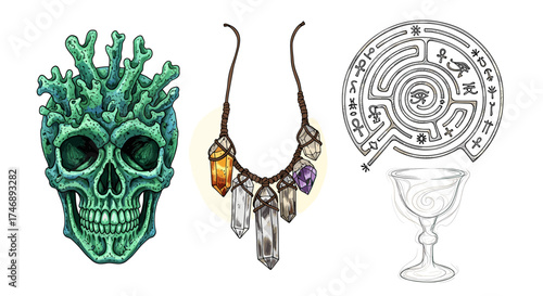 Mystical Artifacts Collection: Skull, Crystals, Labyrinth, and Goblet, an intriguing display