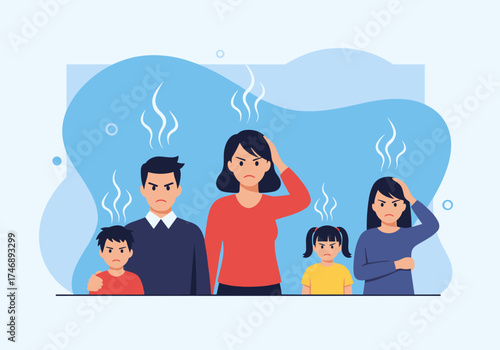 A stressed family experiencing unpleasant odors and headaches in a poorly ventilated room.