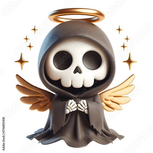 Cute 3d skeleton wearing ghost cloak surrounded by a golden halo isolated on white background