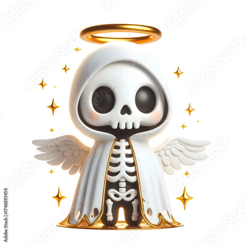 Cute 3d skeleton wearing ghost cloak surrounded by a golden halo isolated on white background