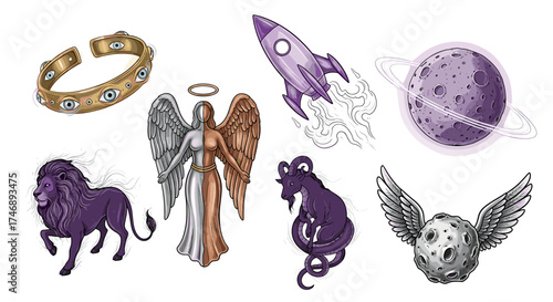 Mystical elements collection: Angel, bracelet, lion, saturn, rocket, goat, moon