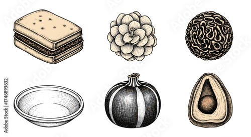 Whimsical Hand-Drawn Food and Object Assortment on a White Background