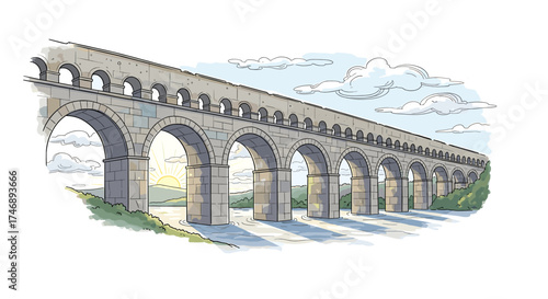 Artistic rendition of an ancient aqueduct at sunset on a river