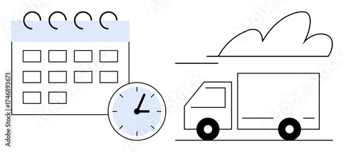Calendar, clock, and delivery truck illustrate punctuality, planning, and logistics. Ideal for time management, delivery tracking, supply chain, logistics business planning deadlines efficient