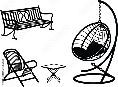 Black silhouette outdoor furniture set bench chair table hanging egg chair