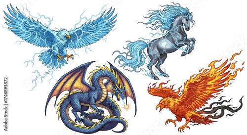 Elemental Fantasy Creatures: Lightning Eagle, Dragon, Horse and Fire Phoenix