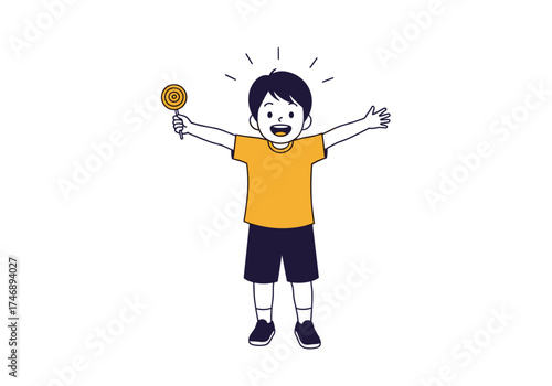 A happy young boy with his arms outstretched holds a lollipop and smiles brightly.