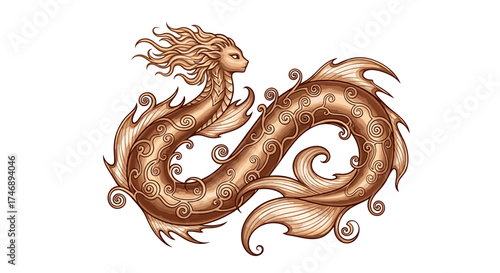Ornate Eastern Dragon Illustration in Golden Brown and Beige Tones