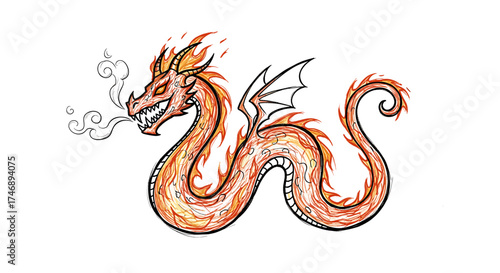 Fiery Dragon Illustration with Horns and Wings on White Background