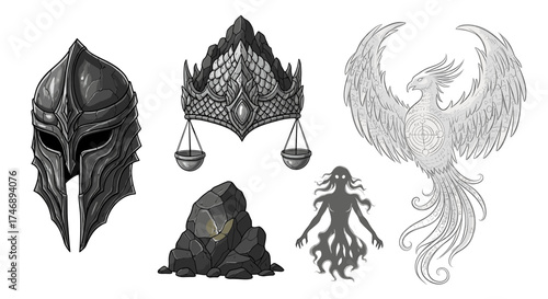 Fantasy Elements with Helmet, Crown, Rock, Spirit and Phoenix