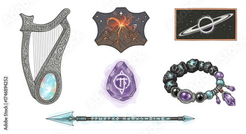 Fantasy Artifacts Collection: Magical Harp, Volcano Patch, Rune Spear, and Galaxy Painting