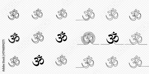 Collection of Om symbols in various styles and designs on a transparent background.