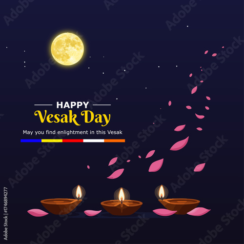 Vesak Day Flyer: Night Scene Social Media Post with Full Moon, Diya Lamps, Enlightenment Message, Buddha Purnima