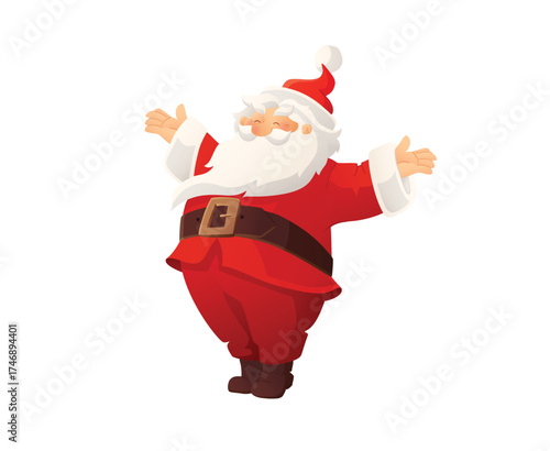 Santa Claus presenting in a red suit with open arms and welcoming smile. Festive cartoon vector for Christmas greeting cards, holiday sale posters, social media ads, and marketing designs.