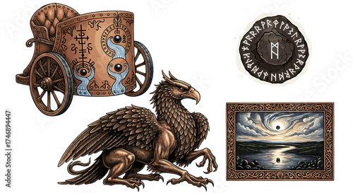 Mythological Still Life Featuring Griffon, Chariot, Rune Stone, and Artwork