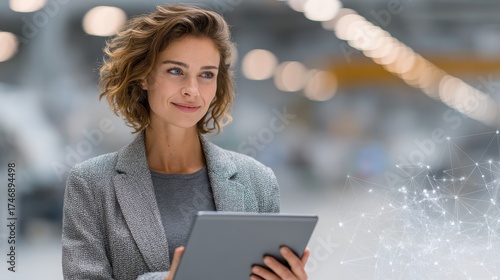 Confident Young Woman Holding Tablet While Smiling in Modern Office Environment with Blurred Background