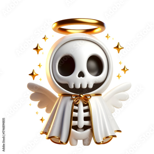 Cute 3d skeleton wearing ghost cloak surrounded by a golden halo isolated on white background