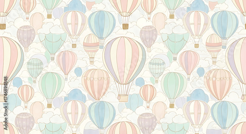 Pastel Watercolor Style Hot Air Balloon Seamless Pattern Design for Fabric