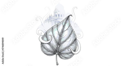 Ethereal leaf with tentacles and cityscape on a clean background.